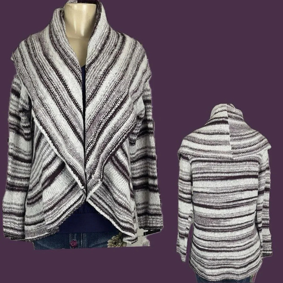 Style& Co. L Cream-Rhone Striped Open Front Shawl Collar Long Sleeve Sweater - Picture 1 of 6